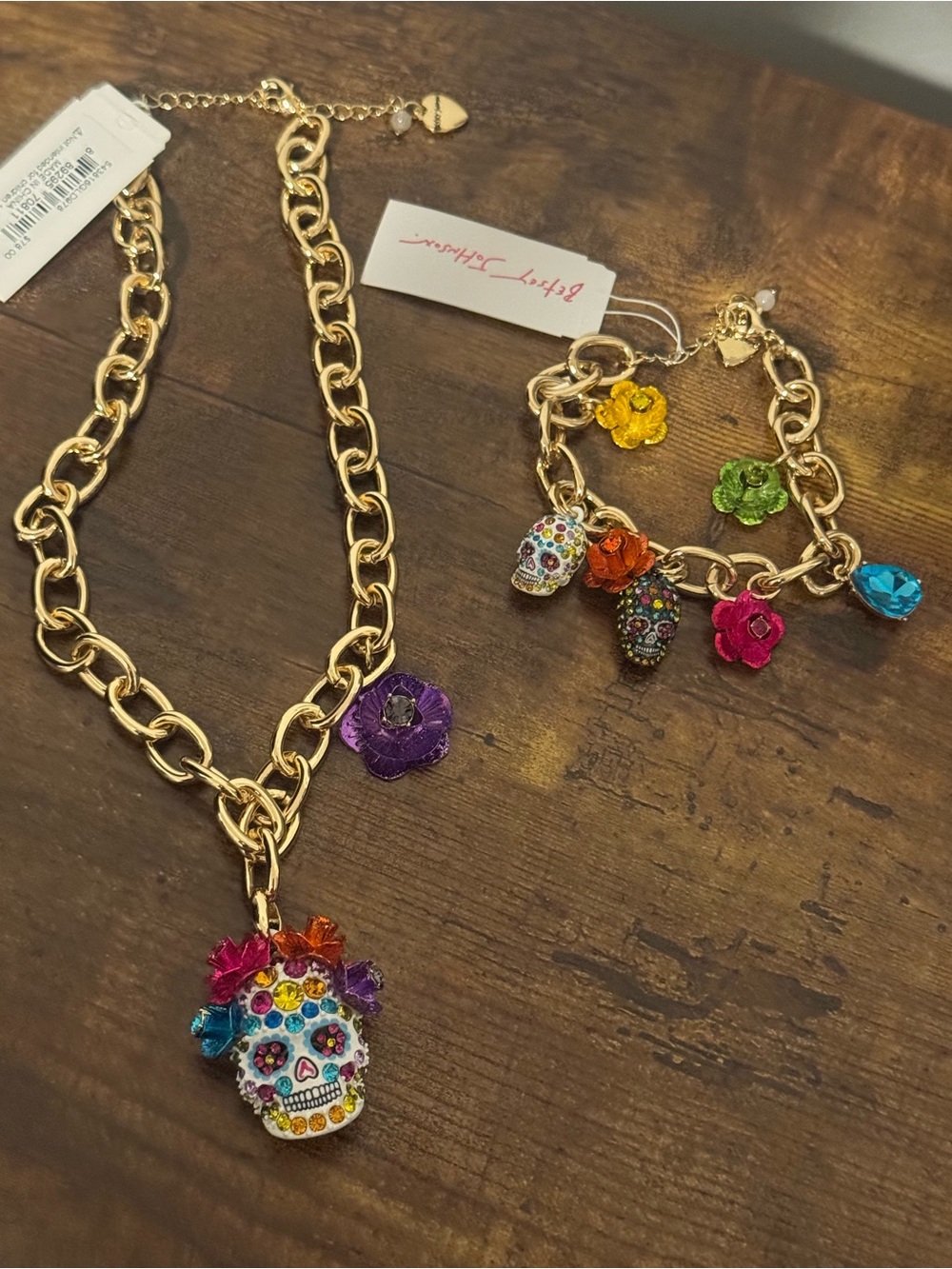 Betsey Johnson Gold Tone Chain Necklace Skull Charm Rhinestone Matching Bracelet